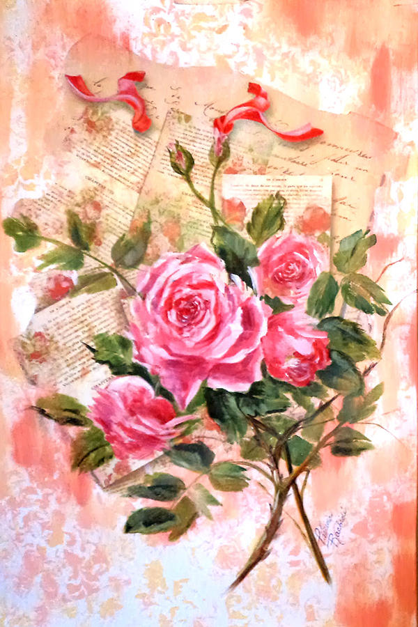 Pink roses on vintage letters Painting by Patricia Rachidi
