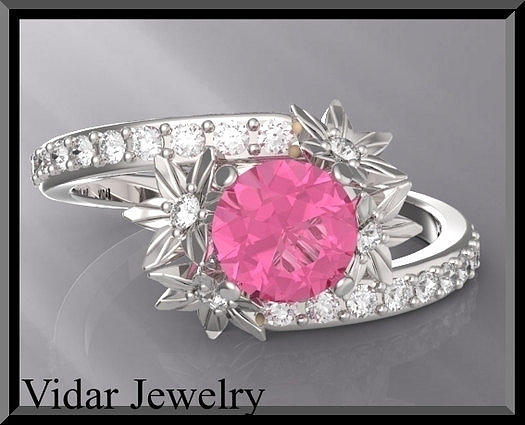 Gemstone Jewelry - Pink Sapphire And Diamond 14k White Gold Flower Engagement Ring by Roi Avidar