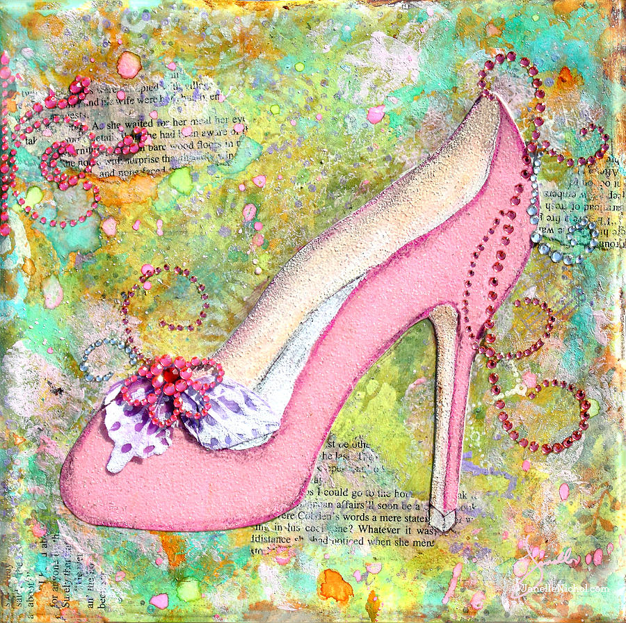Abstract Mixed Media - Pink Shoes with mixed media background by Janelle Nichol