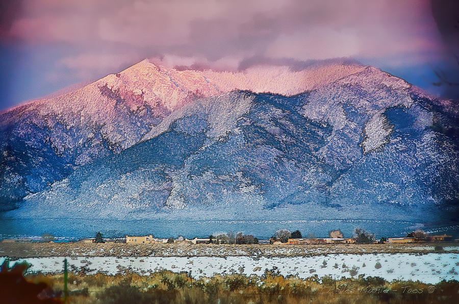 Pink sunset on Taos Mountain Mixed Media by Charles Muhle