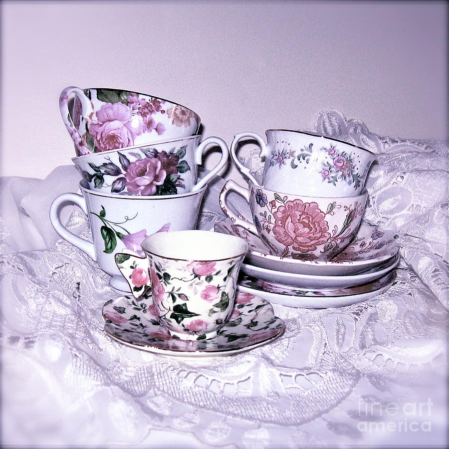Pink Tea Cups And Lace  Photograph by Nancy Patterson