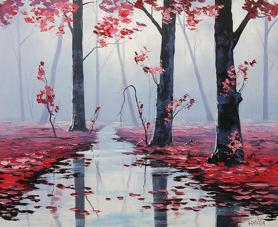 Pink Trees River Landscape Painting