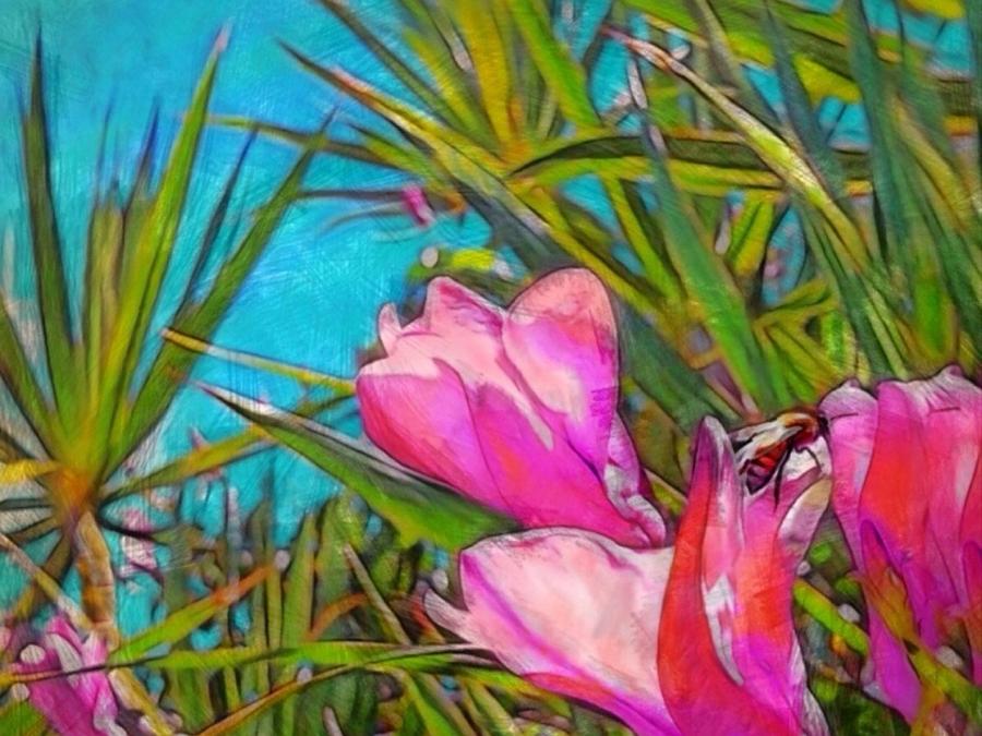 V Pink Tropical Flower with Honeybee - Horizontal Digital Art by Lyn Voytershark