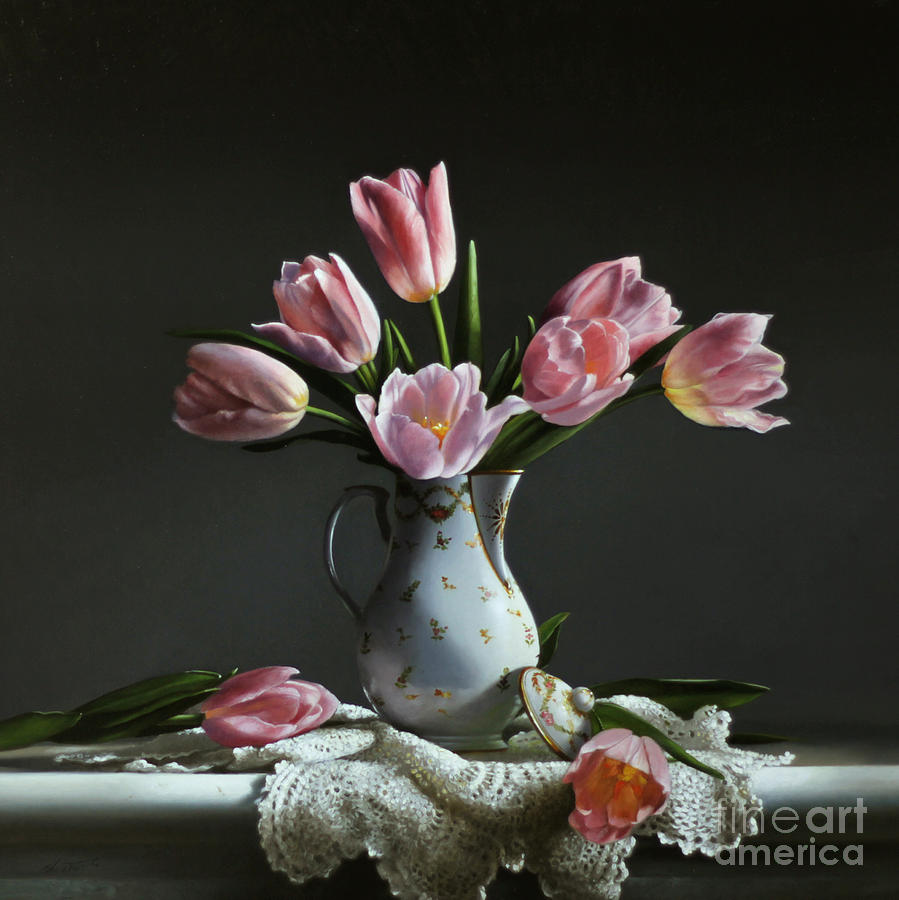 Pink Tulips In A Chocolate Pot Painting by Lawrence Preston