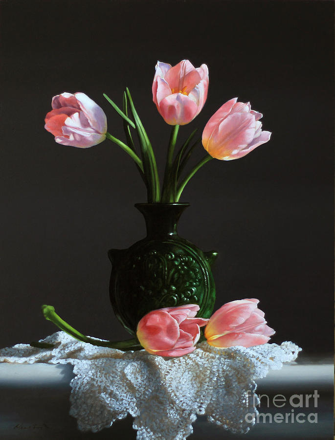 Tulip Painting - Pink Tulips In A Water Jug by Lawrence Preston
