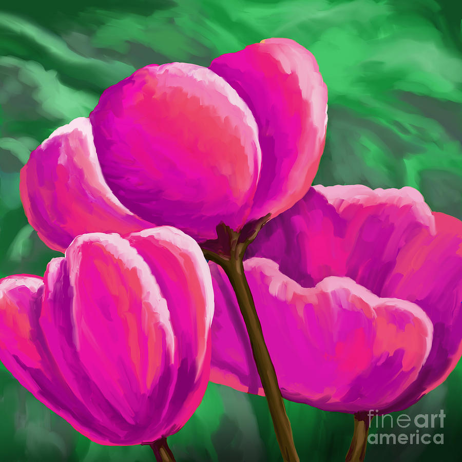 Pink Tulips on Green Painting by Tim Gilliland