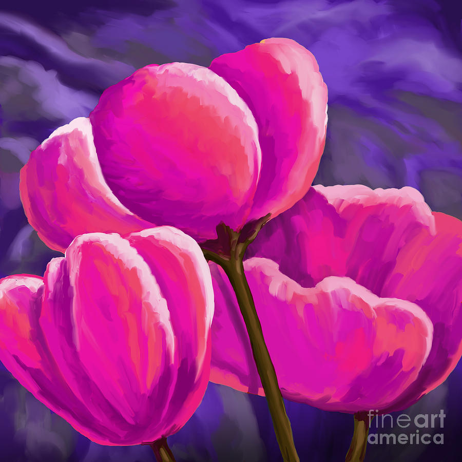 Pink tulips on purple Painting by Tim Gilliland