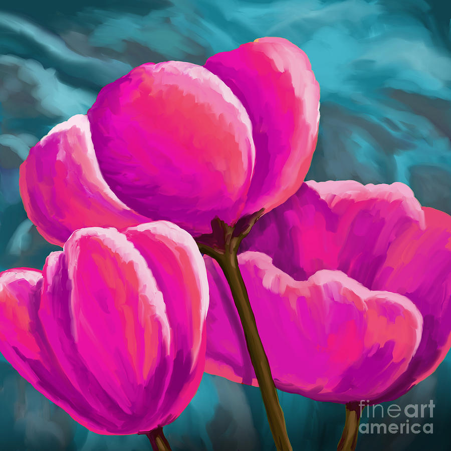 Pink Tulips on Teal Painting by Tim Gilliland