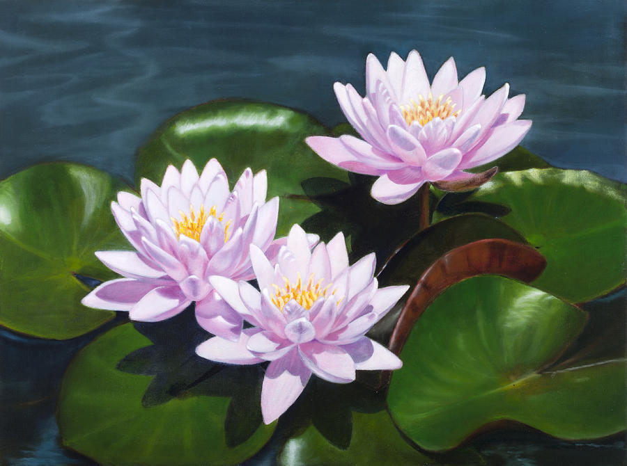 Pink Water Lilies - oil painting on canvas Painting by Elena Polozova