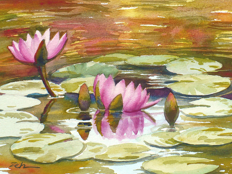 Pink Waterlilies Painting by Janet Zeh
