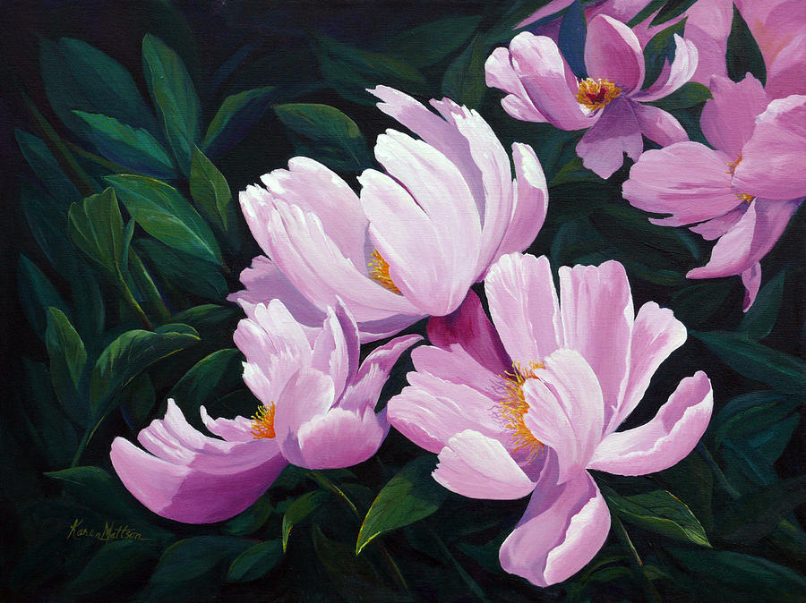 Pink Windflower Peonies Painting by Karen Mattson