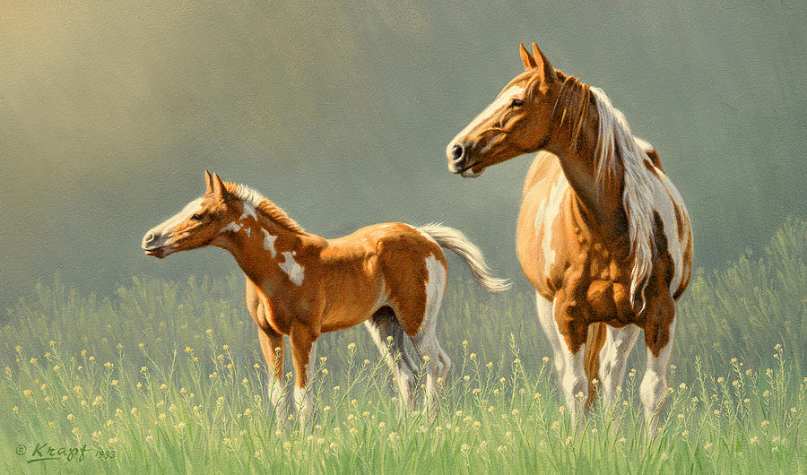 Horse Painting - Pinto Mare and Colt by Paul Krapf