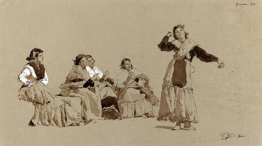 Pen Drawing - Pio Joris, Italian 1843-1921, Spanish Dancers by Litz Collection