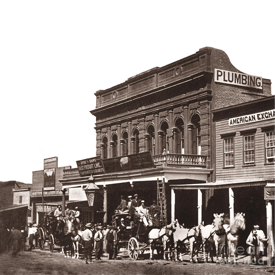 Leaving Photograph - Pioneer Stages leaving Wells Fargo and Cos C Street Virginia City 1866 by Monterey County Historical Society