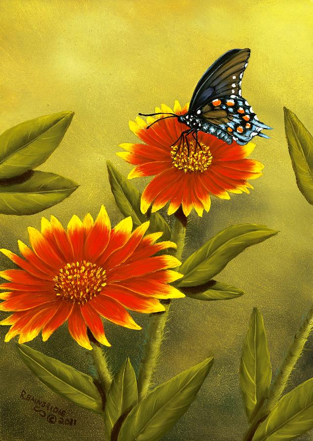 Pipevine Swallowtail and Blanket Flower Painting by Rick Bainbridge