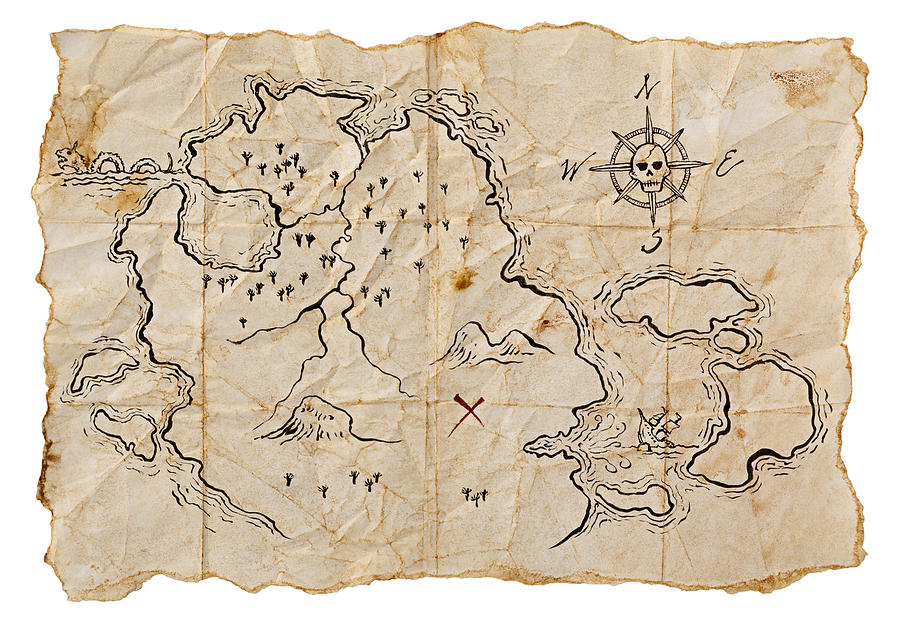 Pirate Map to Buried Treasure, Isolated on White. Horizontal. Photograph by FlamingPumpkin
