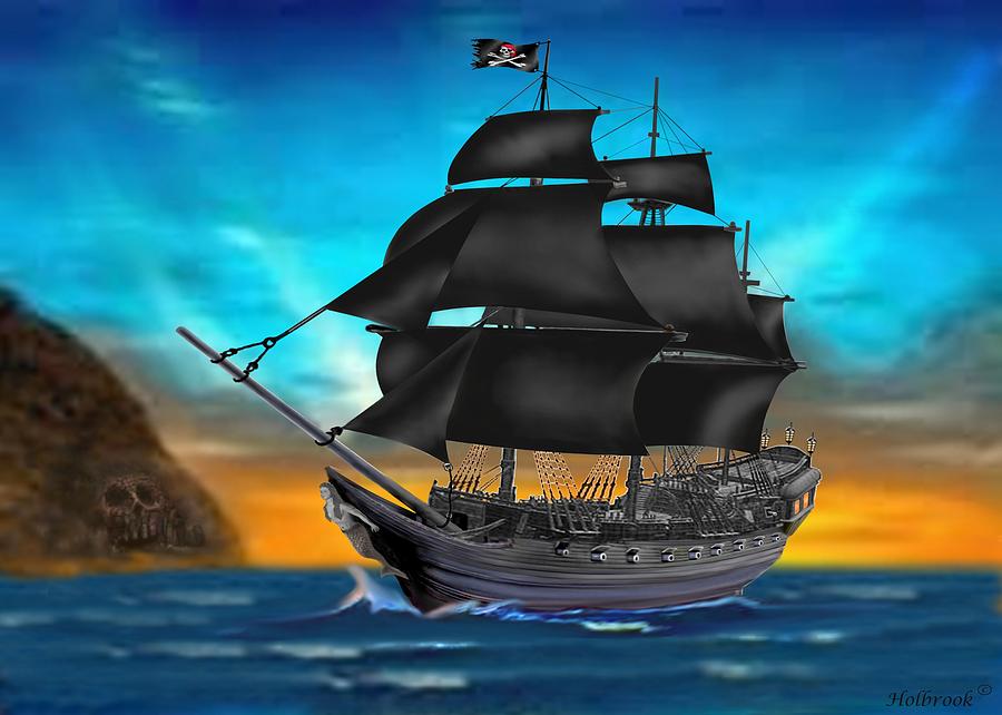 Pirate Ship At Sunset Digital Art by Glenn Holbrook