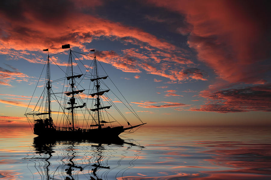 Pirate Ship At Sunset by Shane Bechler