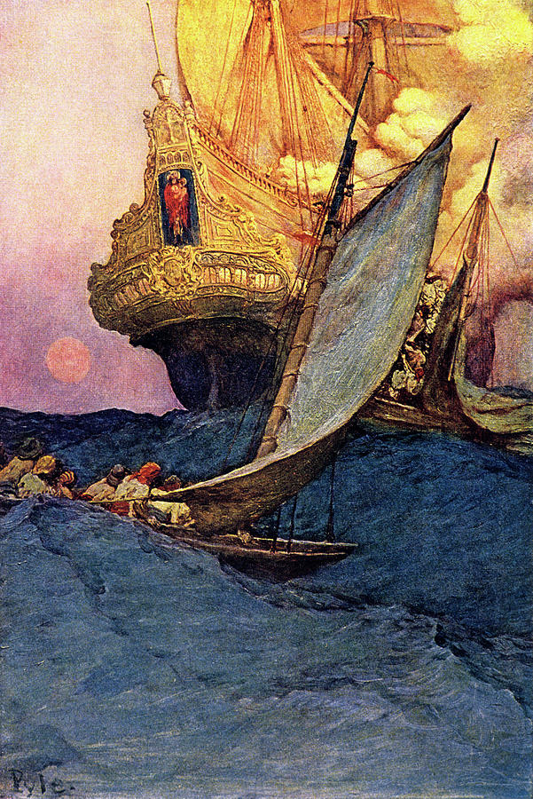 Howard Pyle Painting - Pirate Ship Attacking Spanish Galleon by Vintage Images
