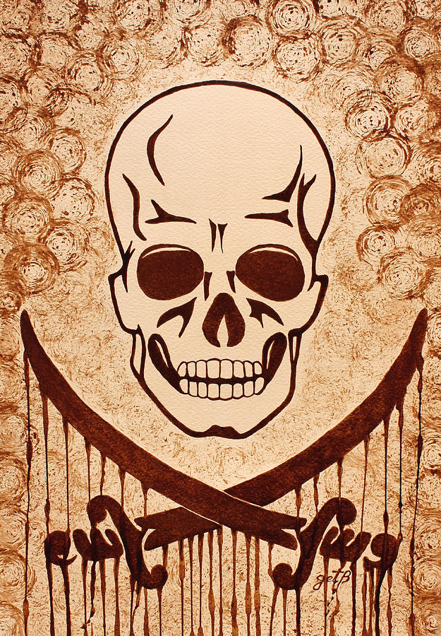 Pirate Skull and Crossed Swords Symbol coffee painting Painting by Georgeta Blanaru