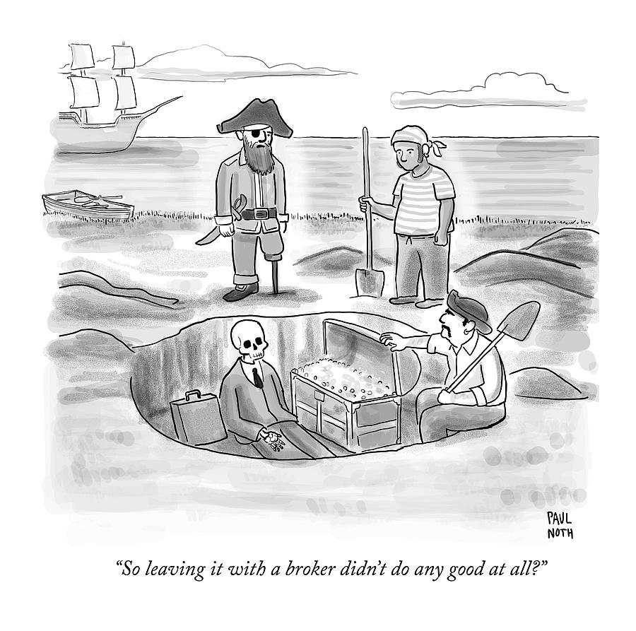 Pirates Stand Around A Dug Up Treasure Chest Drawing by Paul Noth