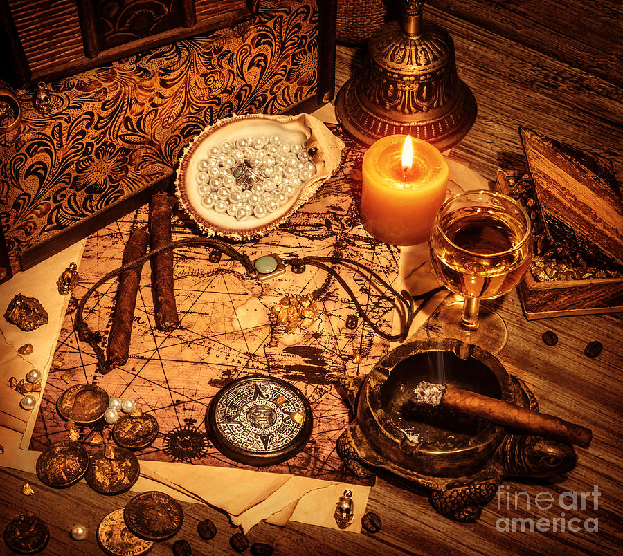 Wine Photograph - Pirates treasure background by Anna Om