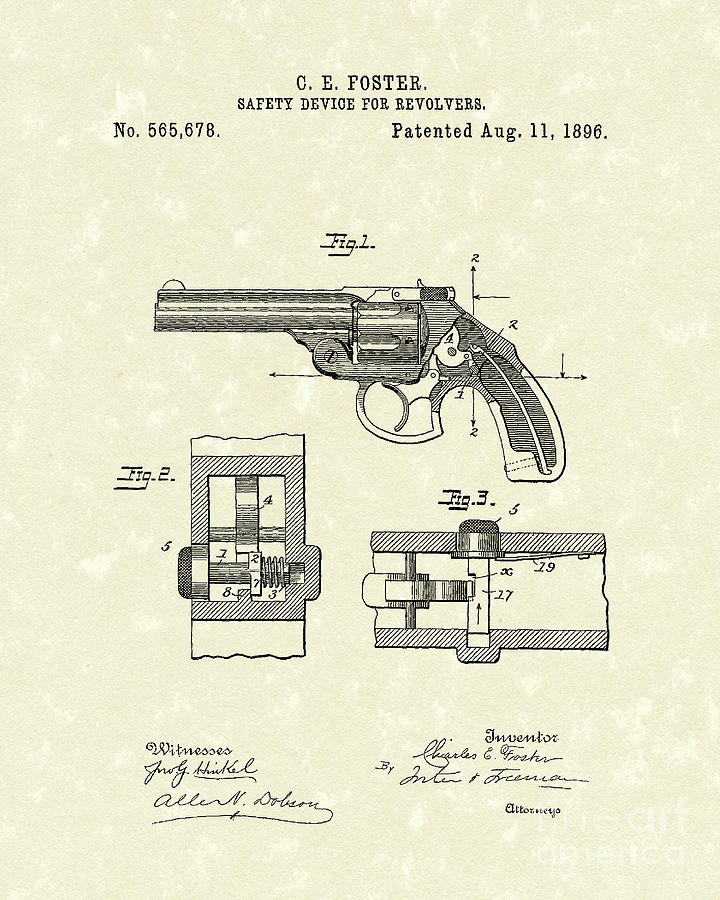 Pistol Device 1896 Patent Art Drawing by Prior Art Design