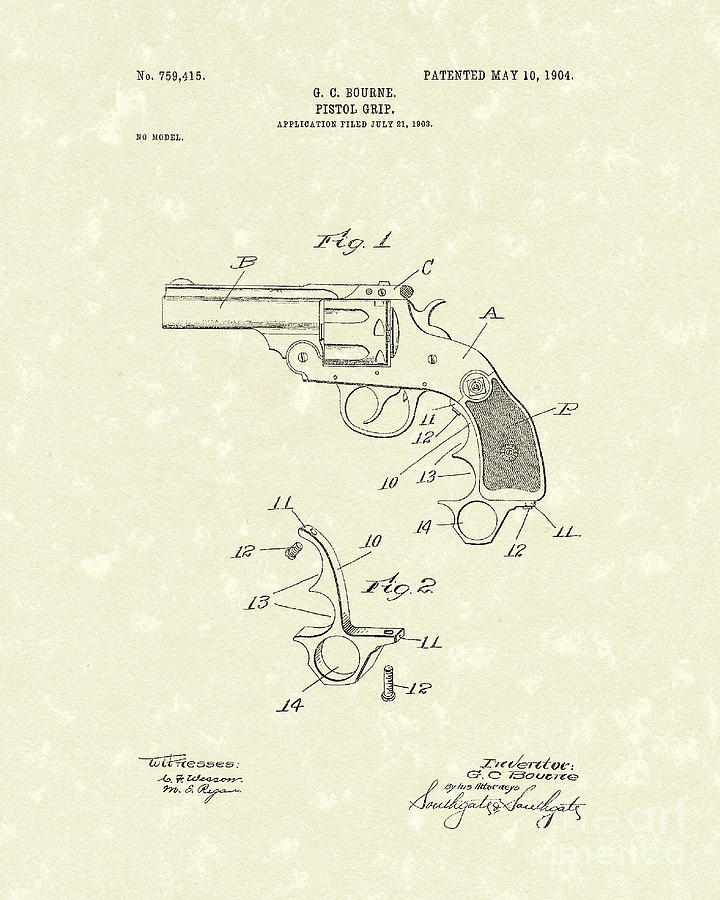 Pistol Grip 1904 Patent Art Drawing by Prior Art Design