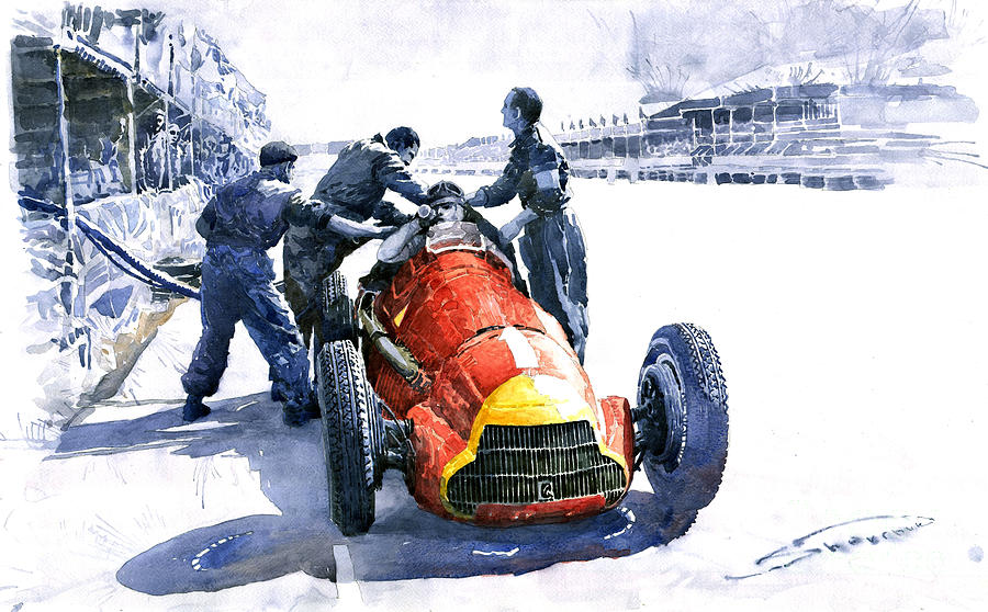 Pit Stop Painting - Pit Stop Alfa Romeo158 British GP 1950 J M Fangio by Yuriy Shevchuk