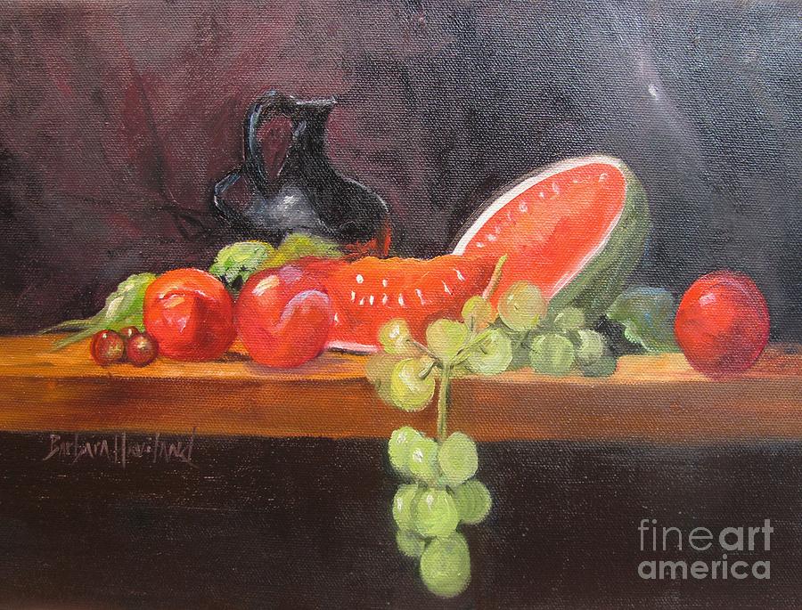Pitcher Watermelon Plums Grapes Painting by Barbara Haviland