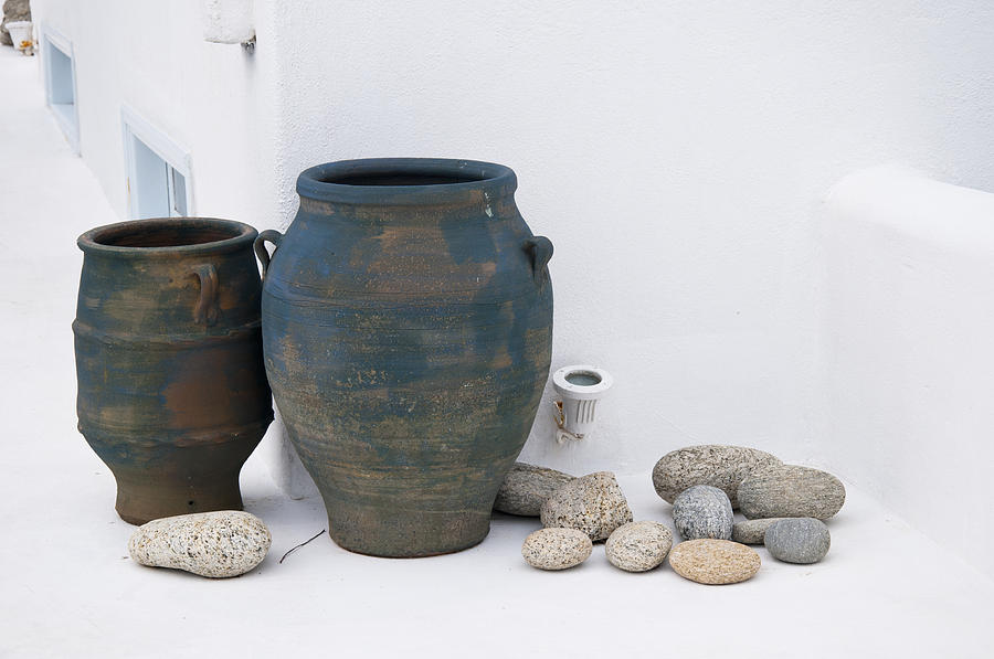 Pithoi Jars in a quiet corner of Mykonos Greece Photograph by Brenda Kean