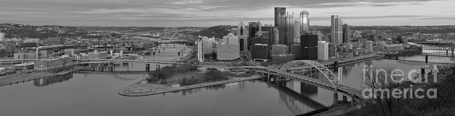 Pittsburgh Skyline Photograph - Pitsburgh Skyline Black And White Panorama by Adam Jewell