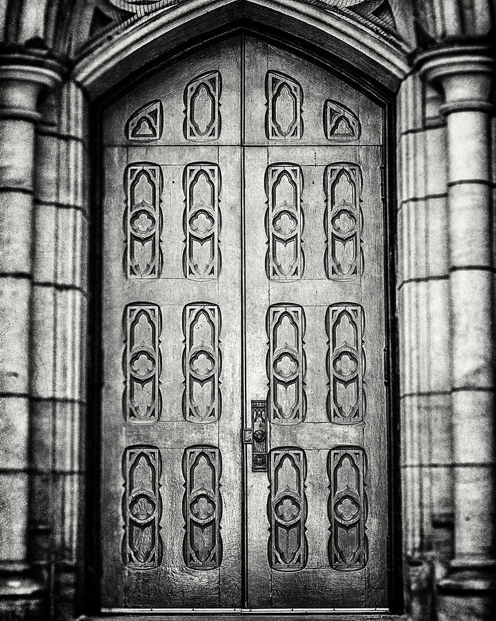 Black And White Photograph - Pittsburgh Church Door in Black and White by Lisa R