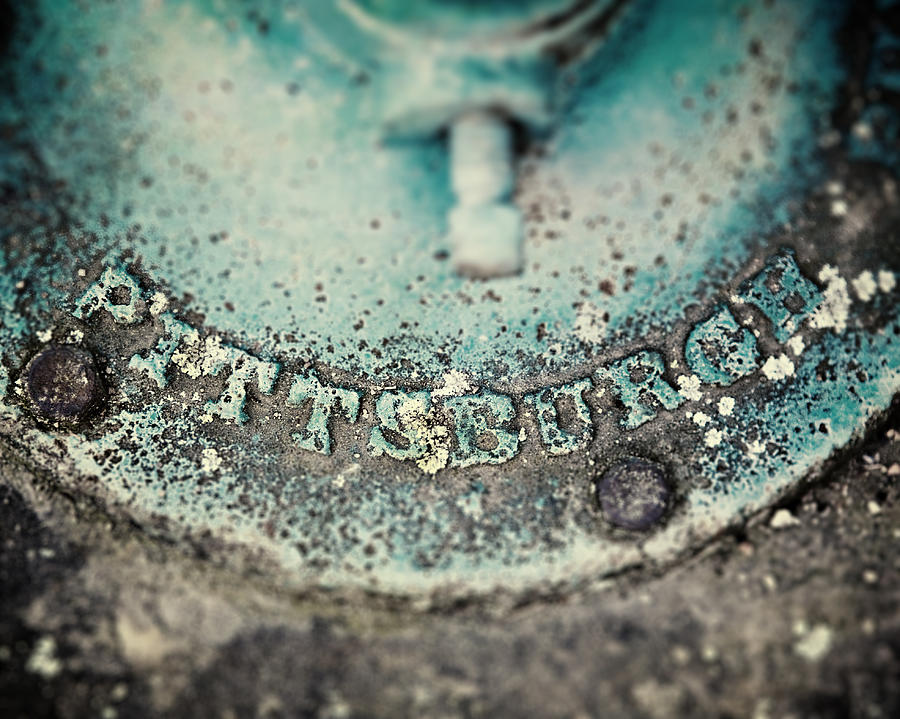 Pittsburgh Photograph - Pittsburgh in Teal Relief on a Vintage Water Pump by Lisa R