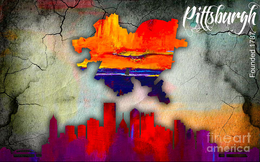 Pittsburgh Skyline Mixed Media - Pittsburgh Map and Skyline Watercolor by Marvin Blaine