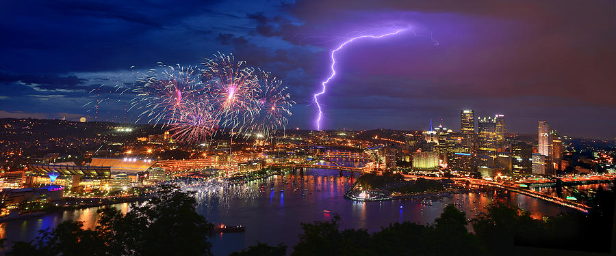 Pittsburgh Skyline Photograph - Pittsburgh Pennsylvania Skyline Fireworks at Night Panorama by Jon Holiday