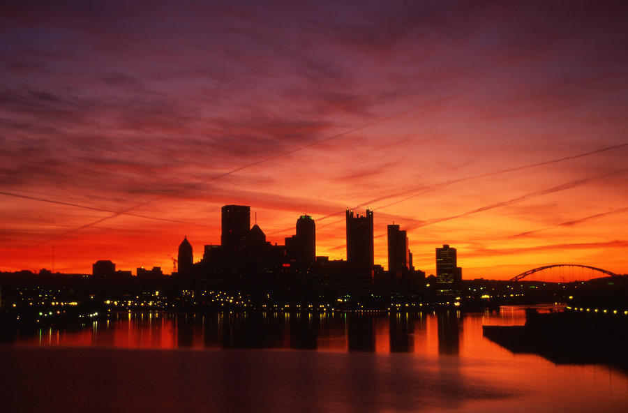 Pittsburgh Silhouette Red Sunrise Ohio River Photograph