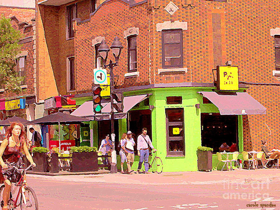 Pizzadelic Sidewalk Cafe Terrace Sunny Day Biking In The Latin Quarter Montreal City Scene C Spandau Painting by Carole Spandau
