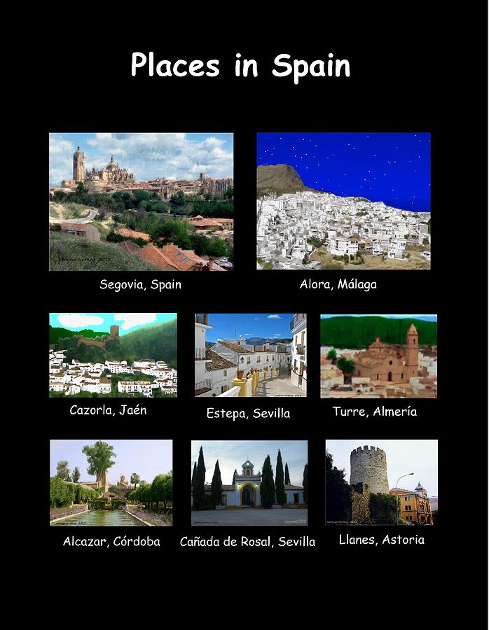 Places in Spain on Black Painting by Bruce Nutting