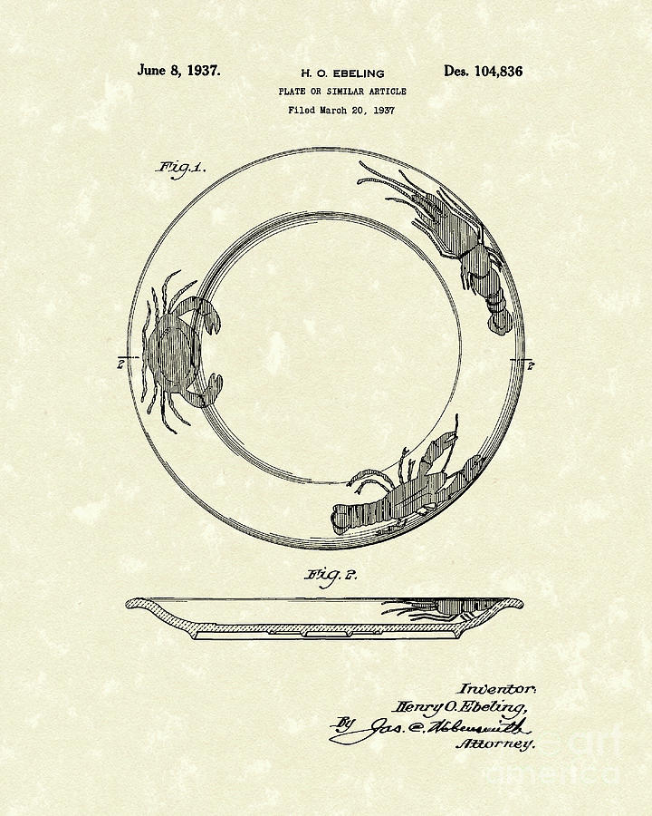 Plate 1937 Patent Art Drawing by Prior Art Design