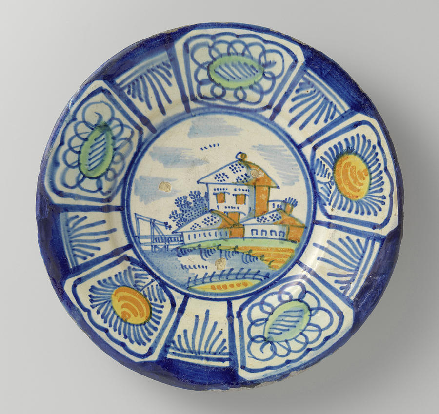 Plate Painting - Plate, Polychrome-painted The Flat Landscape With Houses by Quint Lox