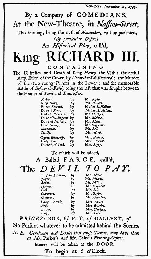 Playbill, 1753 Painting by Granger
