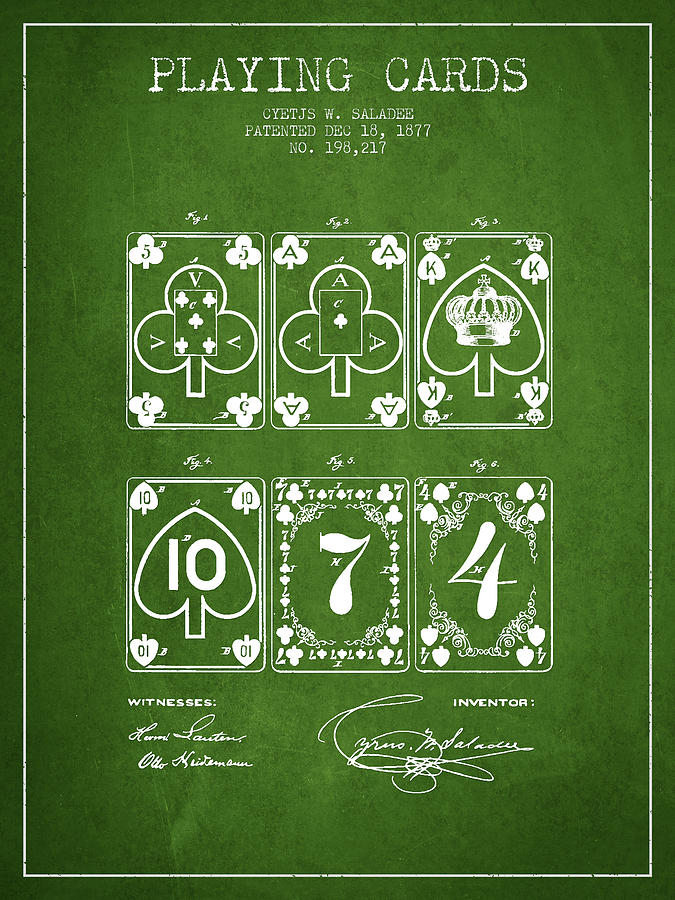 Las Vegas Digital Art - Playing Cards  Patent Drawing From 1877 - Green by Aged Pixel