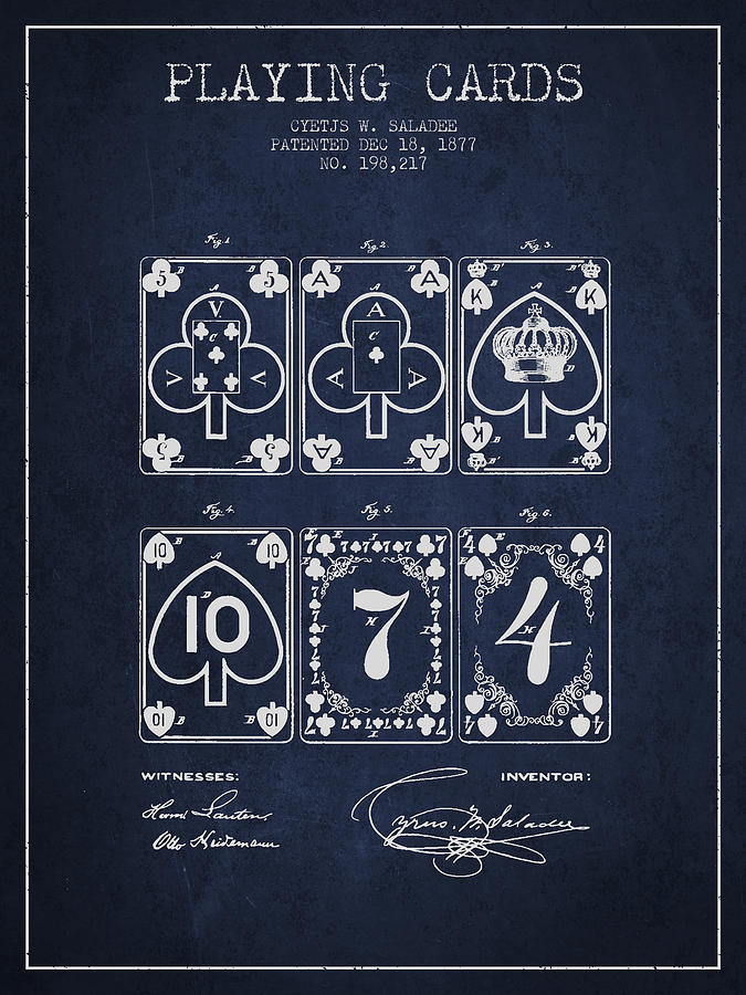 Las Vegas Digital Art - Playing Cards  Patent Drawing From 1877 - Navy Blue by Aged Pixel