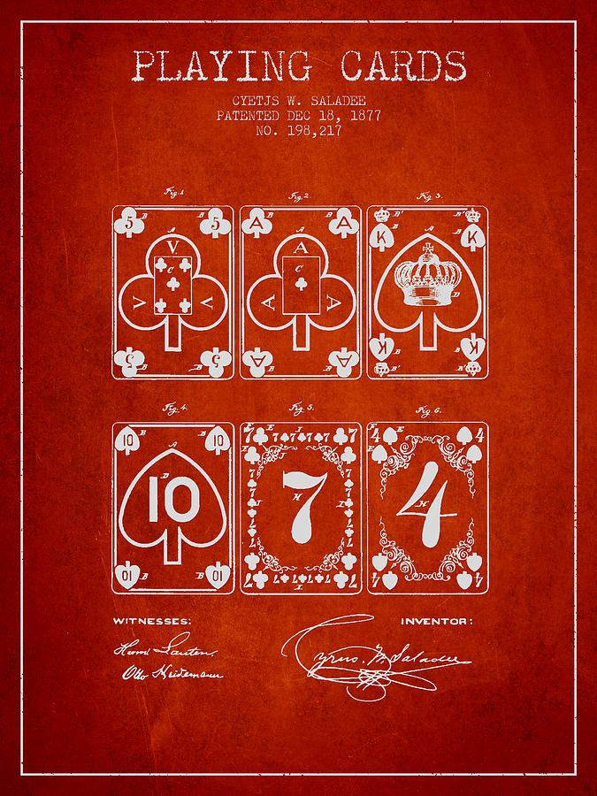 Las Vegas Digital Art - Playing Cards  Patent Drawing From 1877 - Red by Aged Pixel