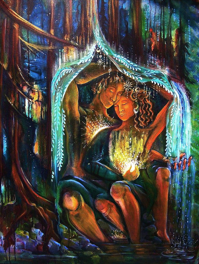 Playing Love Under the Cedar Trees Painting by Crystal Charlotte Easton