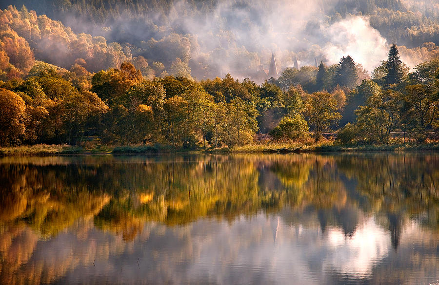 Fog Photograph - Playing Mirror. Loch Achray. Scotland by Jenny Rainbow