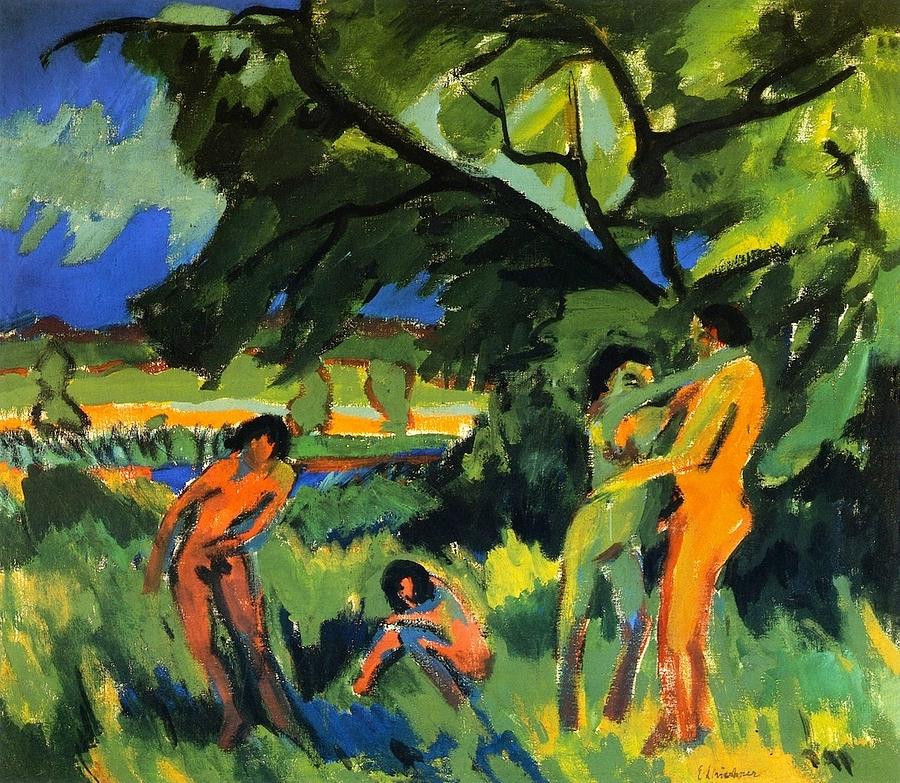 Playing nudes under trees Painting by Ernst Ludwig Kirchner
