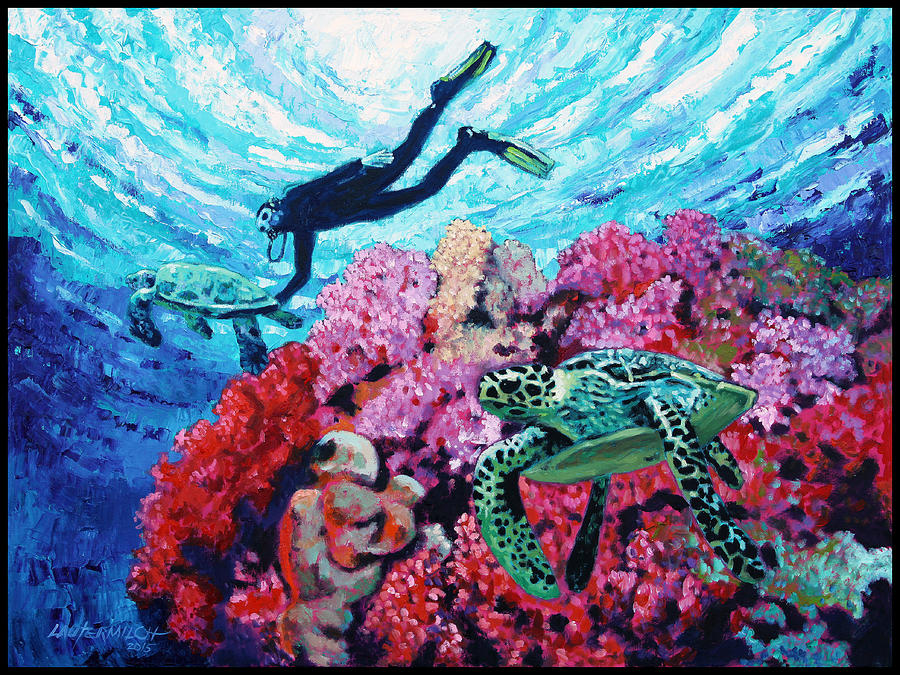 Playing with the Sea Turtles Painting by John Lautermilch