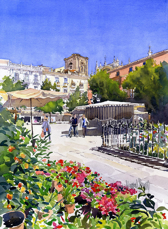 Flower Painting - Plaza Bib-Rambla with flowers by Margaret Merry